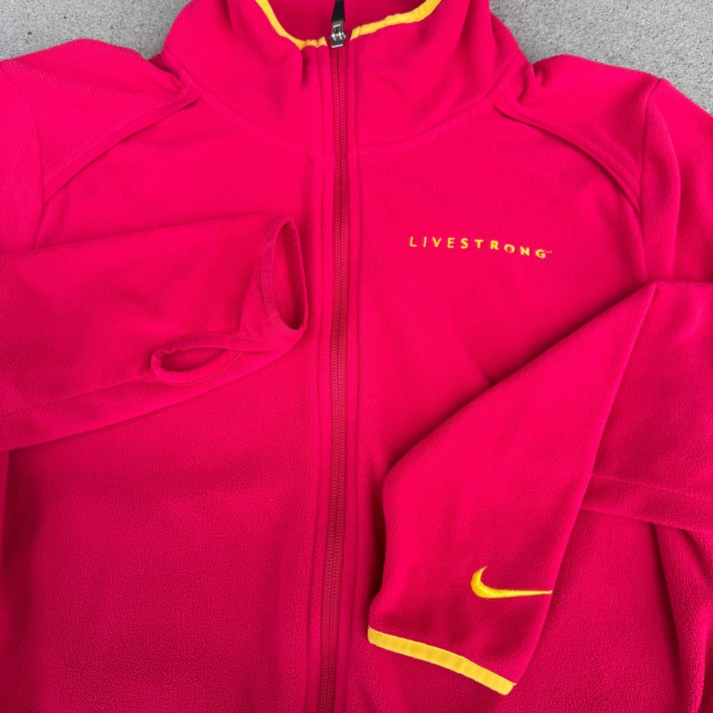 Nike Livestrong Womens Pink Full Zip Fleece Jacket Thumbholes Yellow Trim Large